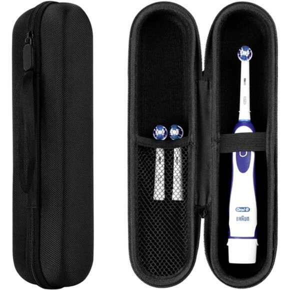 Travel electric toothbrush case hard PU storage box with mesh pocket and strap - Picture 1 of 7